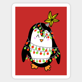 Cute Christmas Tree Lights Wrapped Penguin with a Star on his Head on a Maroon Backdrop, made by EndlessEmporium Magnet